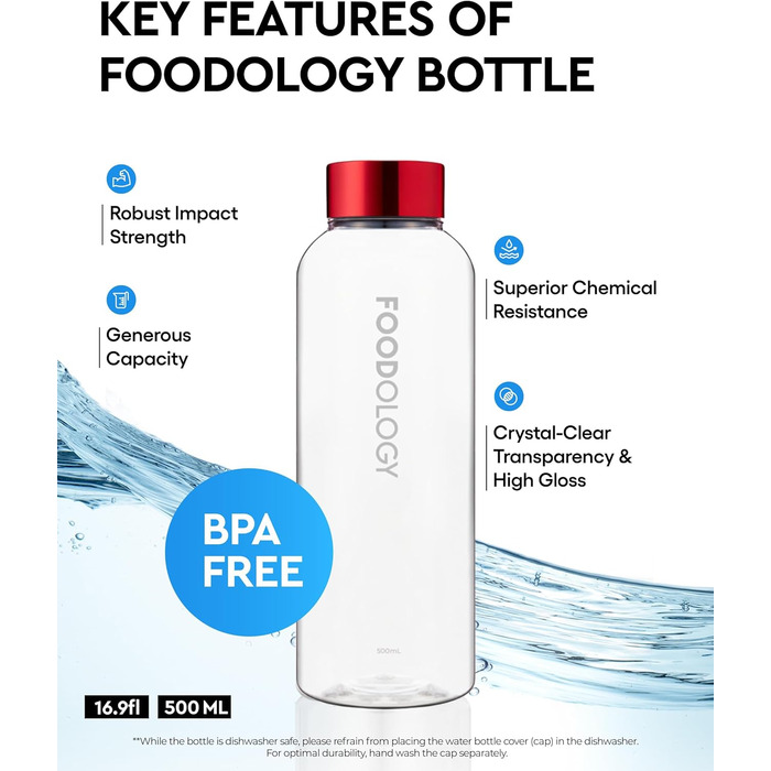 Пляшка для напоїв FOODOLOGY, спортивна, герметична, легка, довговічна, багаторазова, для фітнесу, подорожей і вулиці, BPA-free, прозора, з мірною шкалою