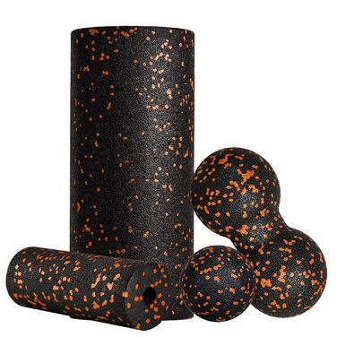 Набір для міофасціального релаксу: Foam Roller, м'ячик для фасцій, міні-ролик, дуобол для йоги та масажу (Синьо-чорно-помаранчевий)