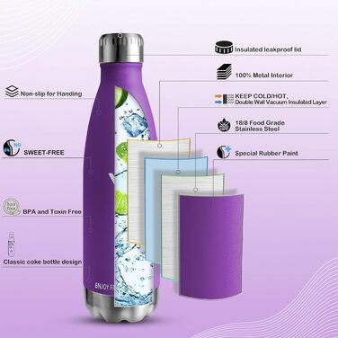 Термос-пляшка HoneyHolly з нержавіючої сталі 750 мл - спортивна пляшка, без BPA, для води та газованих напоїв, термокана, фітнес, спортзал, велосипед, темно-фіолетовий