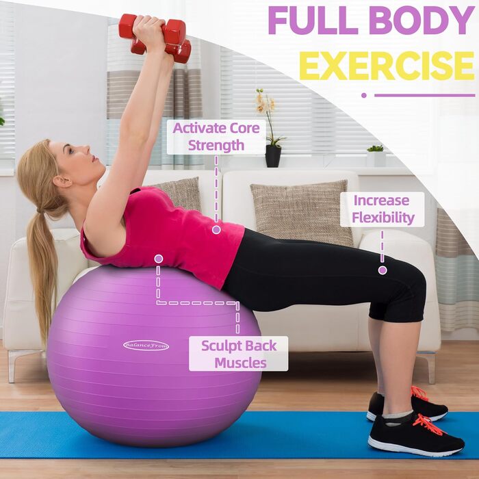 Фітнес-м'яч Signature Fitness 68–75 см, антивибуховий, нековзний, для йоги, тренувань і вагітних, з насосом, фіолетовий, XL, 2000 фунтів