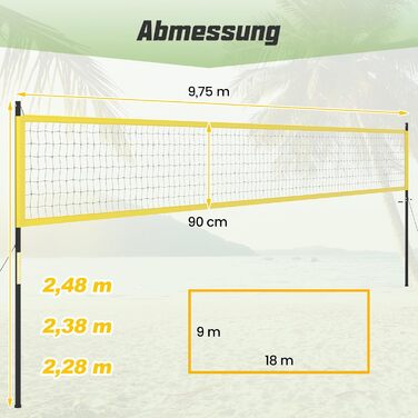 Волейбольна сітка COSTWAY Outdoor, 9,5 x 1 м, регульована висота, з підставкою, насос, молоток та сумка, для саду, пляжу, двору (жовта)