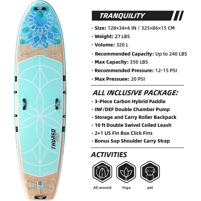 Надувна SUP-дошка для йоги THURSO SURF Tranquility 325×86×15 см, комплект: весло з карбоновим держаком, 3 плавці, швидкознімний ремінець, насос, рюкзак