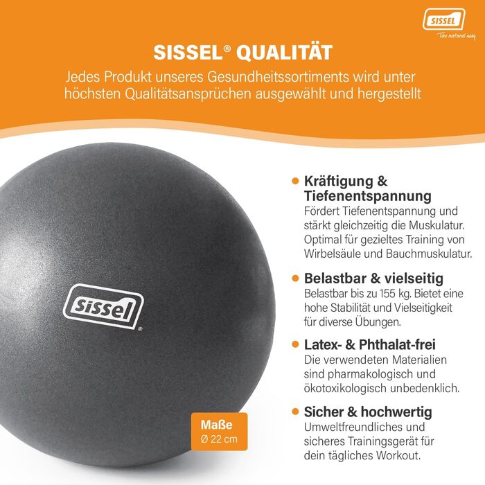 М'яч для пілатесу SISSEL Soft Ball 22 см, антрацит | Без фталату та латексу | Для розслаблення та зміцнення м'язів | Витримує до 155 кг | З інструкцією
