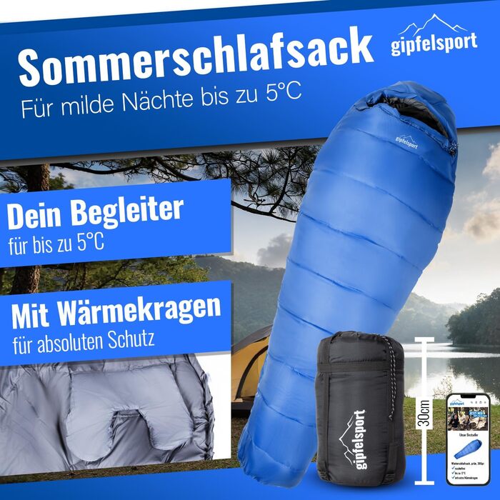Сплячий мішок Gipfelsport Ultraleicht 4 сезони [-20°C - 15°C] | Ultralight, для трекінгу, кемпінгу та подорожей, -5°C, блакитний