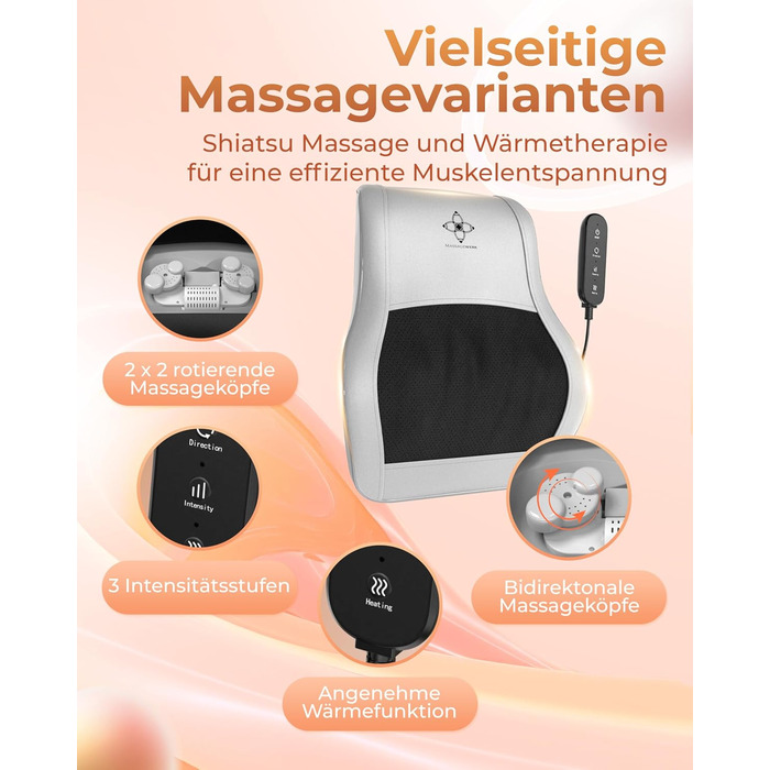 Масажер Shiatsu MASSAGEWERK для спини та шиї, електричний з підігрівом, ергономічний, для зняття м'язового болю та напруги, сірий