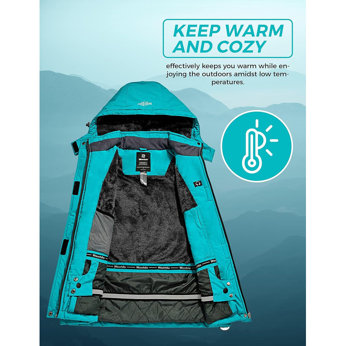Жіноча гірськолижна куртка Wantdo, тепла флісова куртка, водонепроникна, дихаюча, з капюшоном, вітрозахисна, темно-бірюзова, розмір L