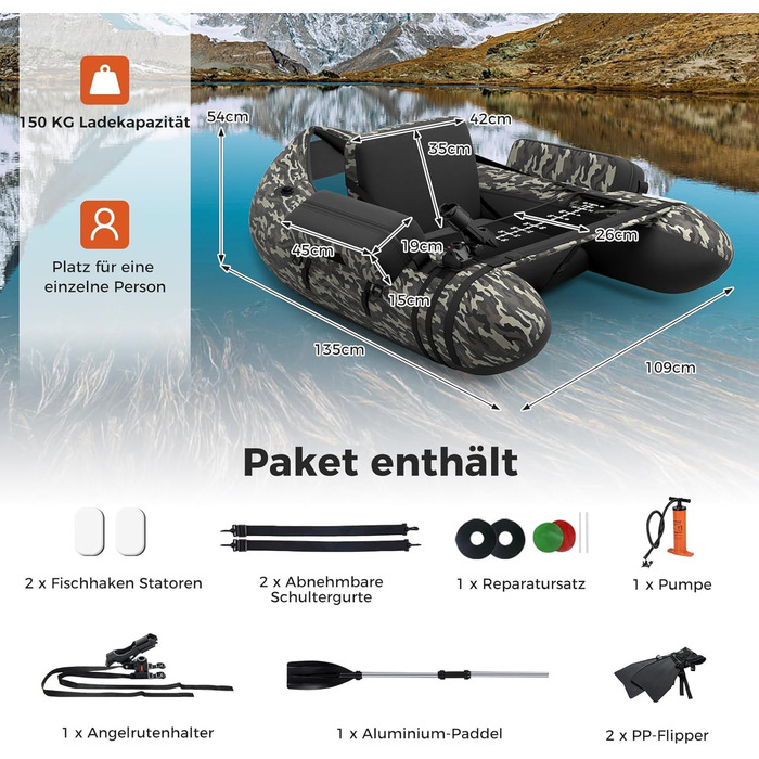 Надувне човен для риболовлі FANTASK з насосом, веслами та ременями, bellyboat, 150 кг, 135 x 109 x 54 см, камуфляж
