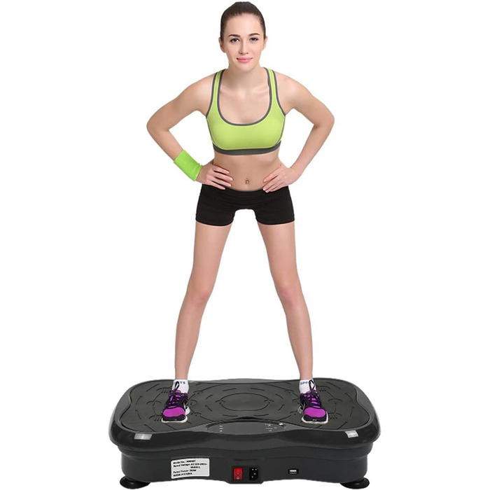 Вібраційна платформа для фітнесу з LCD-дисплеєм та пультом, 2 резинки, Bluetooth-динамік, чорно-білий (чорний)
