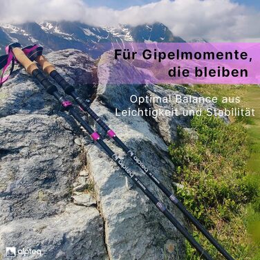 Тrekking-стійки для ходьби та гірських прогулянок: карбонові та алюмінієві, з ручками з корку | Дамські та чоловічі | Телескопічні, регульовані (алюміній 100-120 см, рожевий)