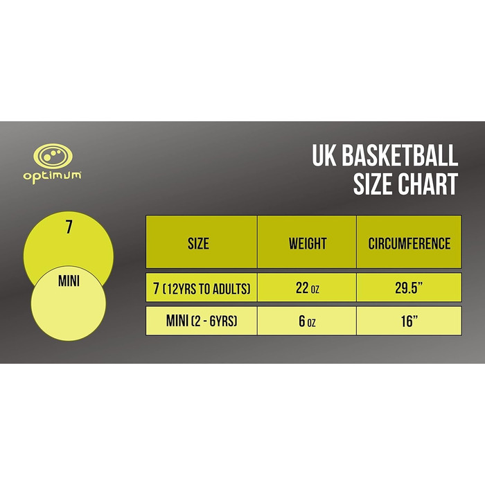 Баскетбольні м'ячі OPTIMUM: зносостійкий наліт, універсальні для гри в приміщенні та на вулиці, оптимальний контроль та точність. Міні без насоса для м'ячів.
