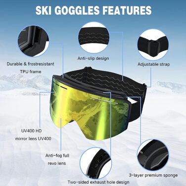Скі-маска для чоловіків та жінок YH359, сноуборд маска для носіїв окулярів, OTG, захист від запотівання, UV-захист, антиковзаюча стрічка, повне REVO покриття (чорний/REVO золото - VLT 16%)