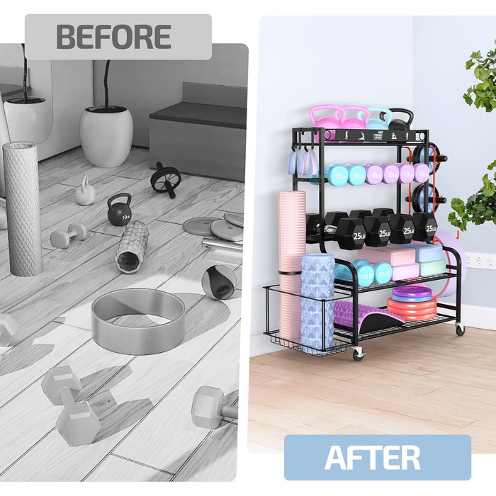 Органайзер для йоги Mythinglogic Regal: килимок, роли, гантелі, блоки. Стенд для фітнес-обладнання. Чорний