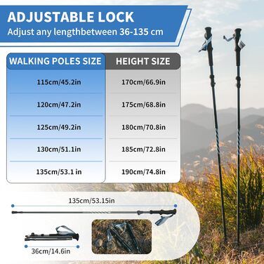 Трекінгові палиці Naturehike Ultraleicht - легкі складані палиці для піших прогулянок та трекінгу (115-135 см, алюміній 7075, чорний)