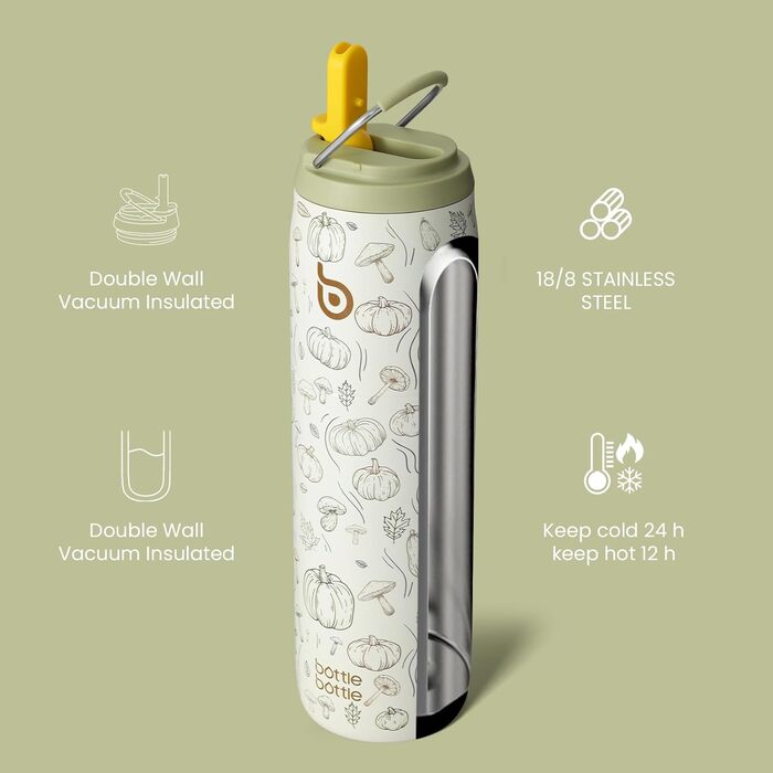 Термос пляшка bottlebottle 946 мл з трубочкою, нержавіюча сталь, подвійні стінки, для спорту, подорожей, BPA-free, гарбузовий колір