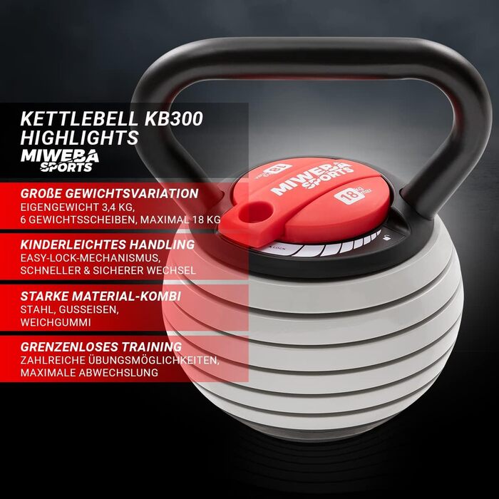 Регульована гиря Miweba Sports KB300 3,5-18 кг для фітнесу, Easy Lock, універсальна для тренувань у приміщенні та на вулиці