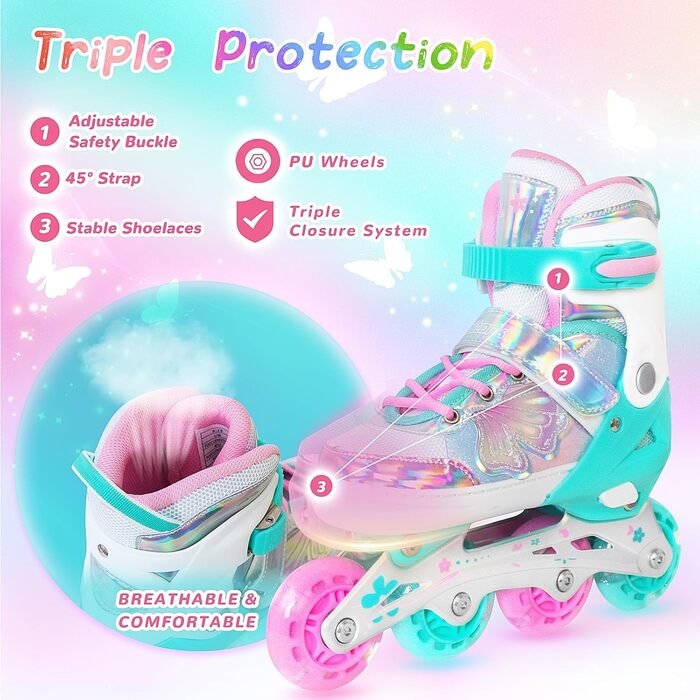 Дитячі ролики Nattork для дівчаток, 4 розміри, регульовані, ролики-коньки з бантиком (блакитний, Small (27-31 EU))