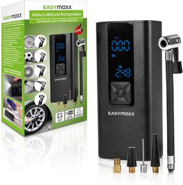 Електричний компресор EASYmaxx 8,5 бар 120 PSI з акумулятором 2000 мАг, ліхтарем і манометром для авто, велосипедів, мотоциклів, м'ячів