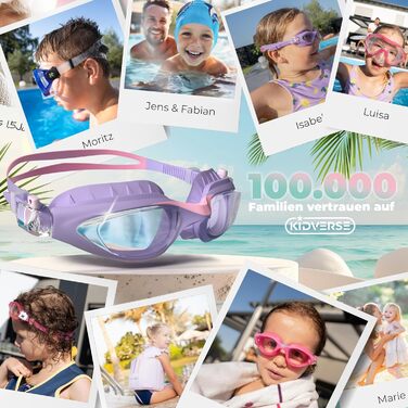 Дитячі окуляри для плавання Kidverse - Комфортні окуляри для дайвінгу для дітей 3-13 років з UV-захистом та антизапітнієвим покриттям - Окуляри для плавання для дівчаток та хлопчиків (фіолетово-рожеві)