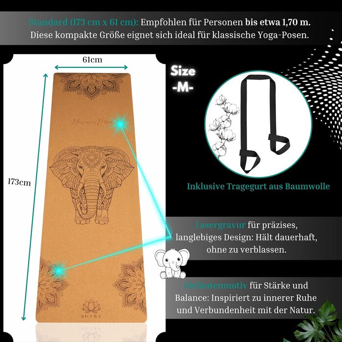 Йога-мат Kicura з корку та натурального каучуку з дизайном слона – неслизька преміум-мат, 4 мм, з ремінком – екологічна, 3 розміри (M, L, XL) (M - 173x61x0,4 см)