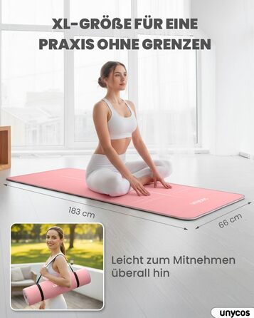 Килимок для йоги Unycos з нековзким покриттям | Щільність 6/10/15 мм, для гімнастики, з ременем для перенесення【вкл. E-Book】Фітнес-килимок для пілатесу, тренувань, гімнастики (#19 Рожевий + Сірий, 183*66*1 см)