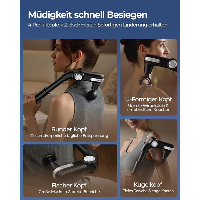 Масажер для тіла KingPavonini з висувним руків'ям та складним голівкою, масажна пістолета для спини з 3 регульованими кутами та 4 насадками, масажер - подарунок для чоловіків та жінок, чорний