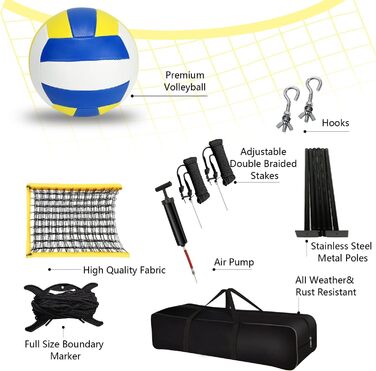 Волейбольний набір Yoving: професійний, 9,5м, регульована висота | Комплект з металевими стовпами, розміткою поля та волейбольним м'ячем | У комплекті сумка для пляжу, саду та клубного спорту