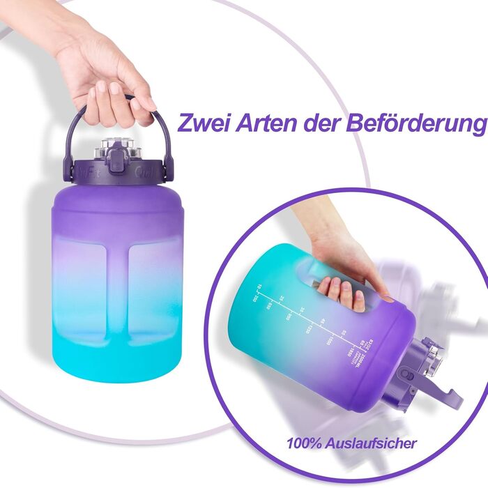 Спортивна пляшка BuildLife 2.5л з міткою часу та двома кришками - без BPA - для спортзалу (2500 мл, фіолетово-блакитний, 2500 мл)