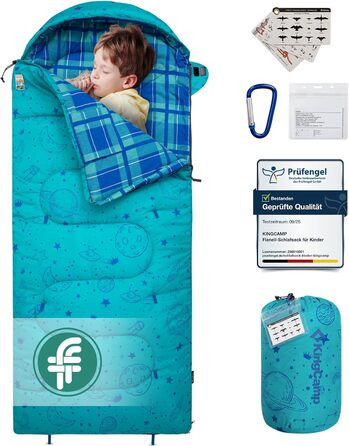 Сплячий мішок KingCamp для дітей, фланелевий, легкий, водонепроникний, компактний, зимовий, 4 сезони, для кемпінгу, підходить для дітей до 140 см, комфортна температура: 7°C (Блакитний L)