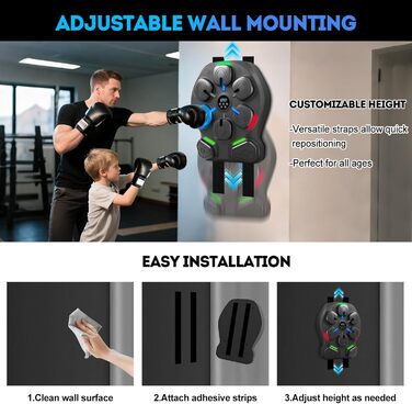 Музична боксерська машина ZAKVOP з 8 цілями, Bluetooth, 10 швидкостей, 9 режимів, LED, акумулятор 4000mAh, рукавички