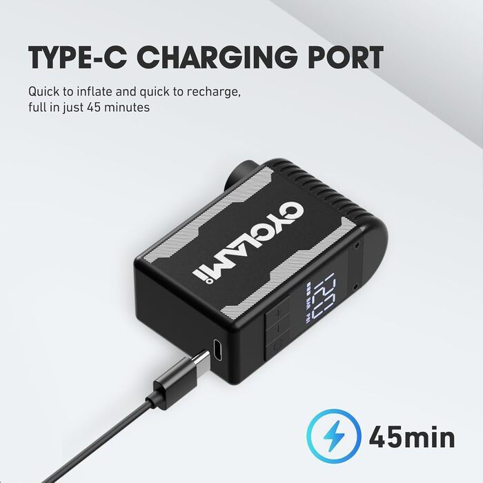 Електричний міні-насос для велосипеда CYCLAMI A2S з USB-C, автоматичним вимірюванням тиску та відключенням при 120 PSI, підходить для ніпелів Presta і Schrader