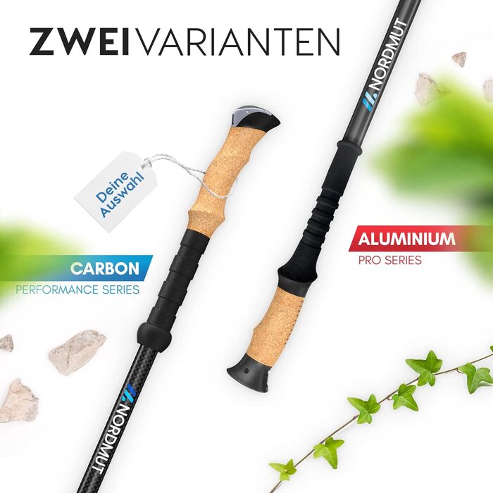 Тростини для відпочинку NORDMUT® Telescopic | Чоловічі та жіночі палиці для скандинавської ходьби | Легкі трекінгові палиці [з набором гумових накідок] регульовані з ручками з натуральної кори (Carbon)