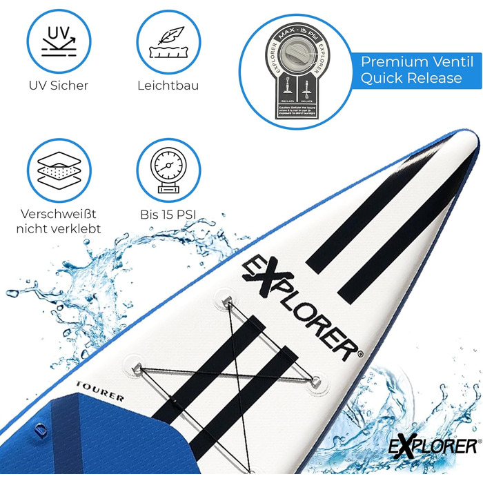Надувна SUP-дошка EXPLORER TOURER 12.6 для плавання стоячи, комплект до 180 кг: алюмінієве весло, рюкзак, насос, плавник, ремкомплект