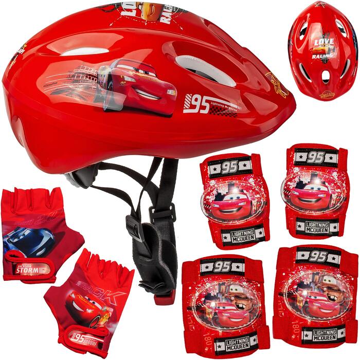 Дитячий шолом Cars Lightning McQueen + рукавички + захист колін та ліктів (розмір 5)