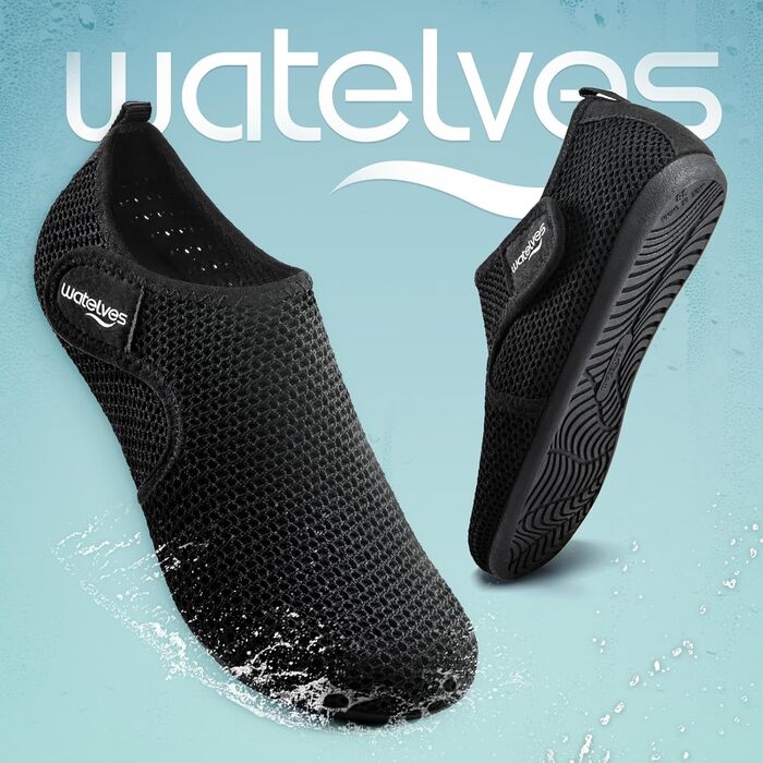 Водні черевики WateLves для плавання та відпочинку: басейн, пляж, дайвінг, серфінг. Чоловічі та жіночі, чорні, 42 EU