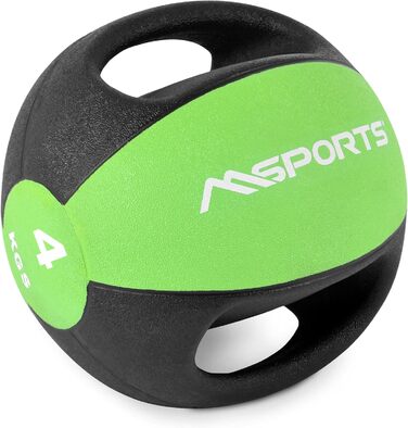 Медичний м'яч із ручками MSPORTS 4 кг, преміум, зелений, для фітнесу та реабілітації
