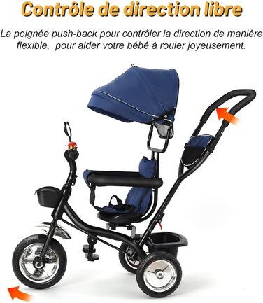 Триколісний велосипед для дітей, 5 в 1, росте разом з дитиною: велосипед, візок, поворотний сидіння 360°, ручка-штовхач, знімний тент, ремінь безпеки 3 точки, кошик для зберігання, 1-5 років