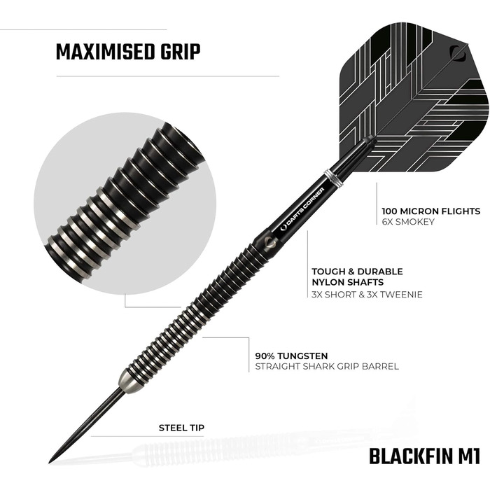 Набір дротиків Darts Corner BlackFin з високоякісного 90% вольфраму, прямий стальний стрижень, 6 оперень, 6 стрижнів, карта Checkout і футляр, 22 г, 24 г, 26 г
