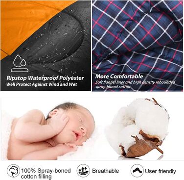 Сплячий мішок RISEPRO Легкий, 1,6 кг, фланелевий, водонепроникний, для 3-4 сезонів, дорослих та дітей, для дому, вулиці, кемпінгу, хайкінгу, чорний