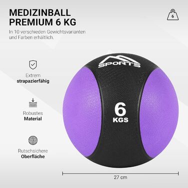 MSPORTS Медичний м'яч 6 кг, професійний, фіолетовий, для фітнесу та гімнастики, з постером вправ