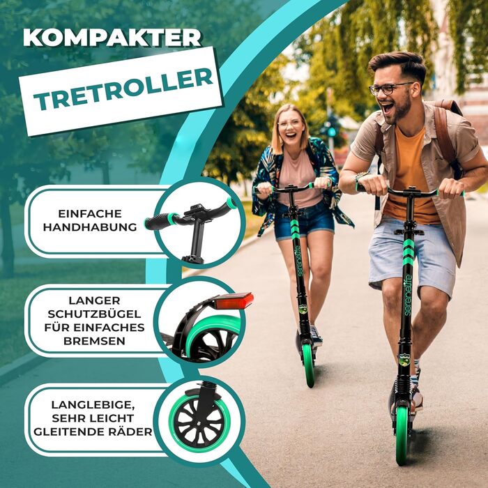 Самокат SereneLife Roller: складаний міський самокат з великими колесами, регульованою висотою, ременем для перенесення, підставкою та ножним гальмом до 100 кг (Аква)