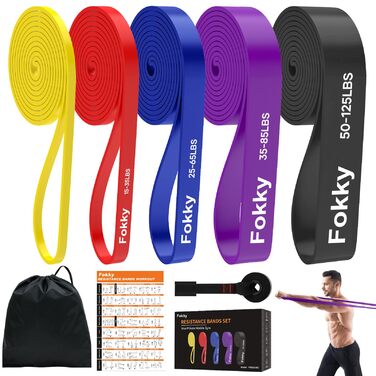 Набір гумових еспандерів Fokky Fitness для фітнесу (5 рівнів) з анкером для дверей, інструкцією та сумкою для силових тренувань, розтяжки, кросфіту - жовтий, червоний, синій, фіолетовий, чорний