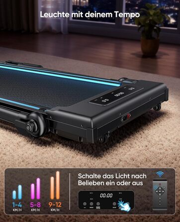 Складне бігове полотно 6-в-1 для дому, складане з регульованим столом, потужність 3.0HP, нахил до 12%, швидкість 12 км/год, Walking Pad з телескопічним підйомником 15 см та RGB-підсвіткою, максимальне навантаження 150 кг, чорно-блакитний колір