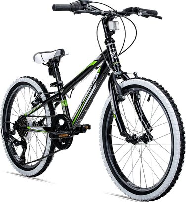 Дитячий велосипед Bergsteiger Kansas 24 дюйми, Shimano 6 передач, для хлопчиків і дівчат 8-11 років, чорний, гірський, з білими шинами