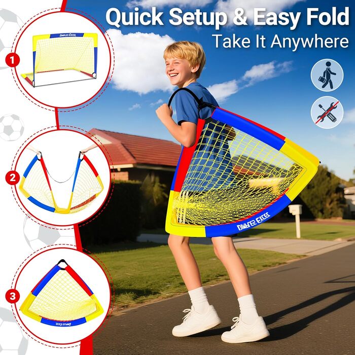 Ворота для футболу Dimples Excel Pop-Up – розкладні для дітей | Набір 1 або 2 шт. | Розміри 120x90 / 152x110 / 213x152 см | 3 кольори | З м'ячем, насосом, конусами та мішенню | Для саду та подарунка (2-120x90 блакитний+аксесуари)