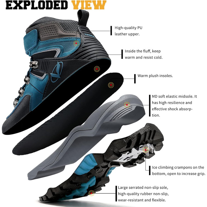 Зимові черевики VITIKE для дітей (хлопчики та дівчатка), тепле хутро, черевики для снігу та трекінгу, розмір 38 EU, колір Павлиній синій