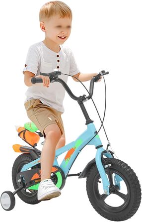 Дитячий велосипед 12 дюймів з додатковими колесами, кошиком, регульованим сидінням та кермом, двома гальмами, міцним рамою, для хлопчиків та дівчаток 2-5 років, з пляшкою для води та дзвіночком