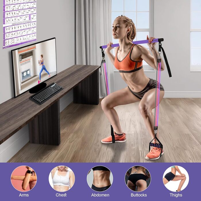 Портативна фітнес-палка Pilates з еспандерами, ручками, дверним якорем, ременями для щиколоток і подовжувальними стрічками, з фітнес-постерами та відео, фіолетова, універсальна