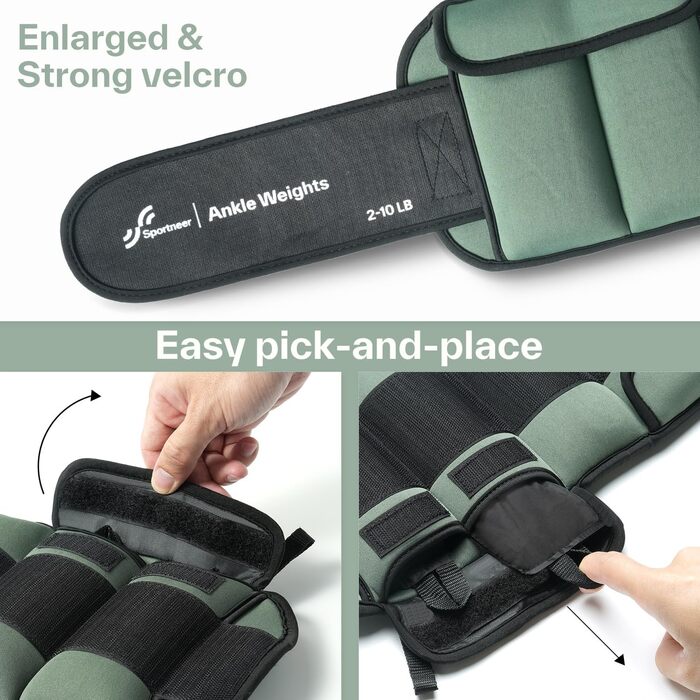 Нагрудники Sportneer з регульованою вагою 0,9-4,5 кг (на щиколотку) / 1,8-9 кг (на пару), вага для ніг та рук, армійний зелений