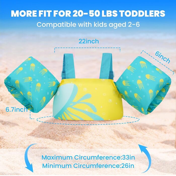 Надувні рукавики для плавання Gogokids для дітей 2-6 років (33-66lbs/15-30kg), безпечні рукавики для плавання з застібкою та рукавами (Жовті медузи)