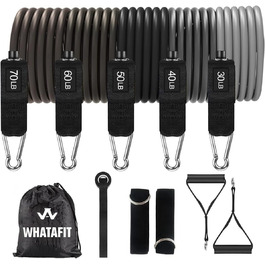 Набір еластичних стрічок WHATAFIT для фітнесу з анкерами, ручками та сумкою. Ідеально для силових тренувань, реабілітації та домашніх занять. Колір: темно-сірий
